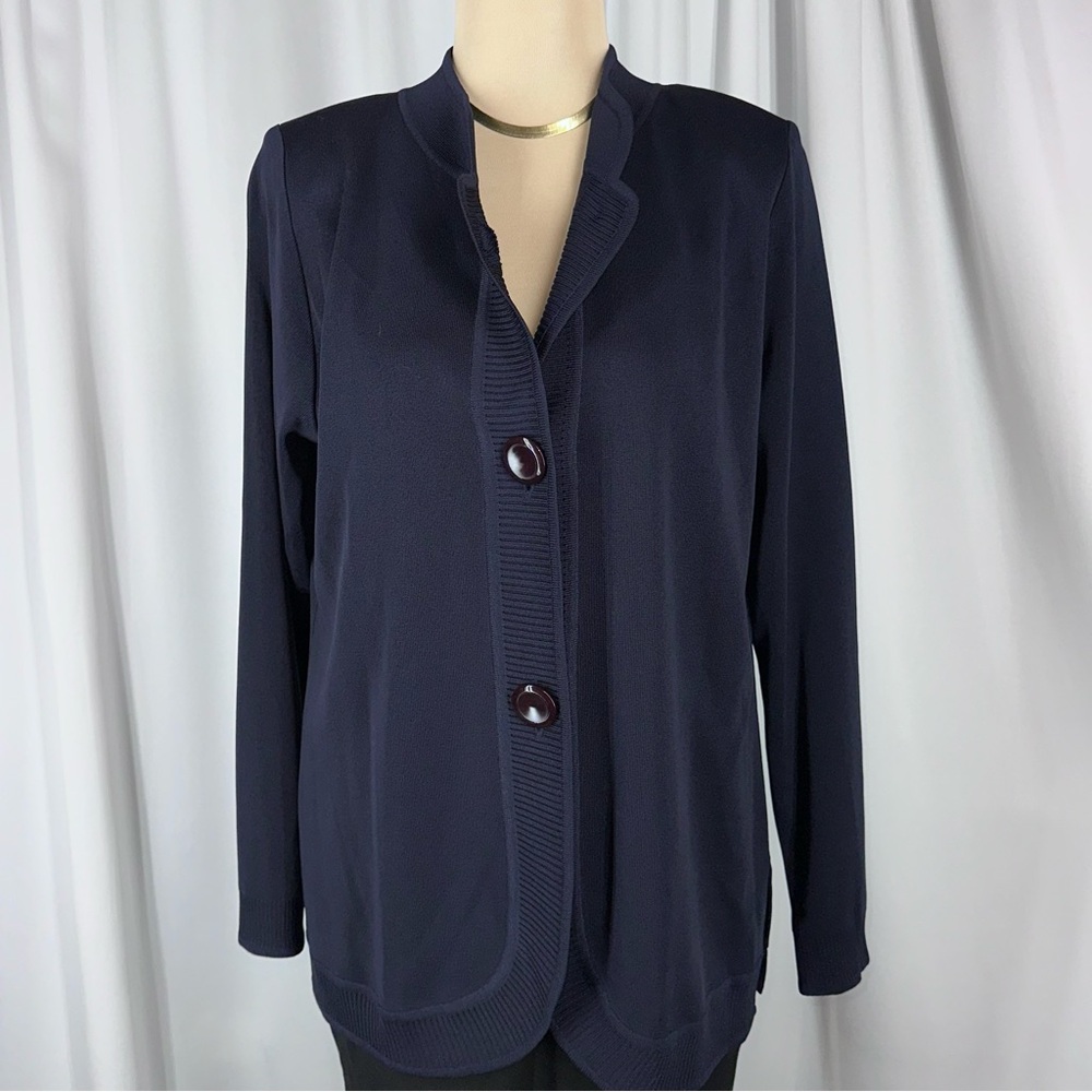 Vintage MISOOK Knit Blazer Jacket‎ Sz S Navy Blue 2 Button Sophisticated Comfort